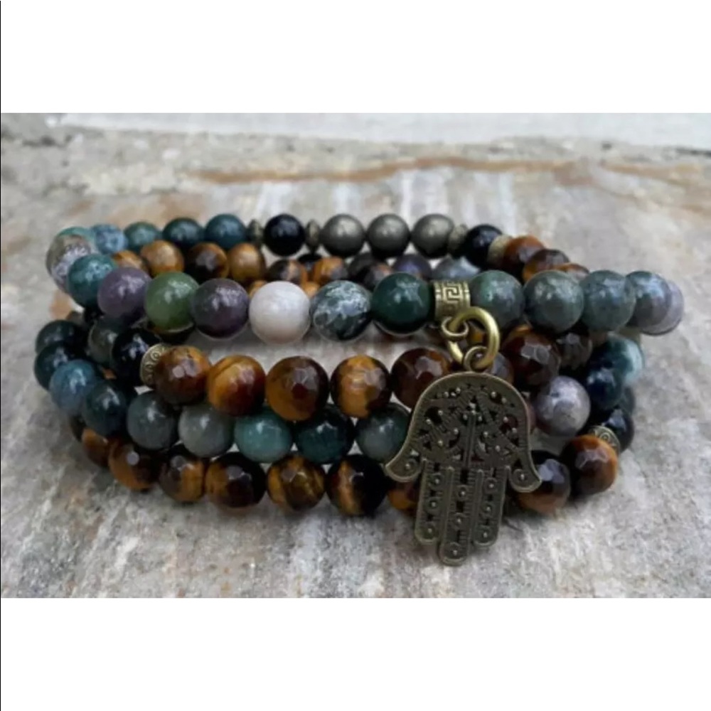 Mixed gemstone Mala with bronze Hamsa - Picture 5 of 6